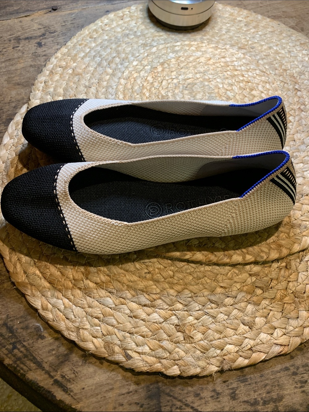 Rothy’s Tuxedo Black and Cream Knit Ballet Flats with Blue Trim
